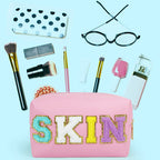 JOINDO Preppy Makeup Bag, Skin Makeup Bag,Chenille SKIN Letter Cosmetic Bag, PU Leather Skincare Toiletry Bag, Cute Travel Organ