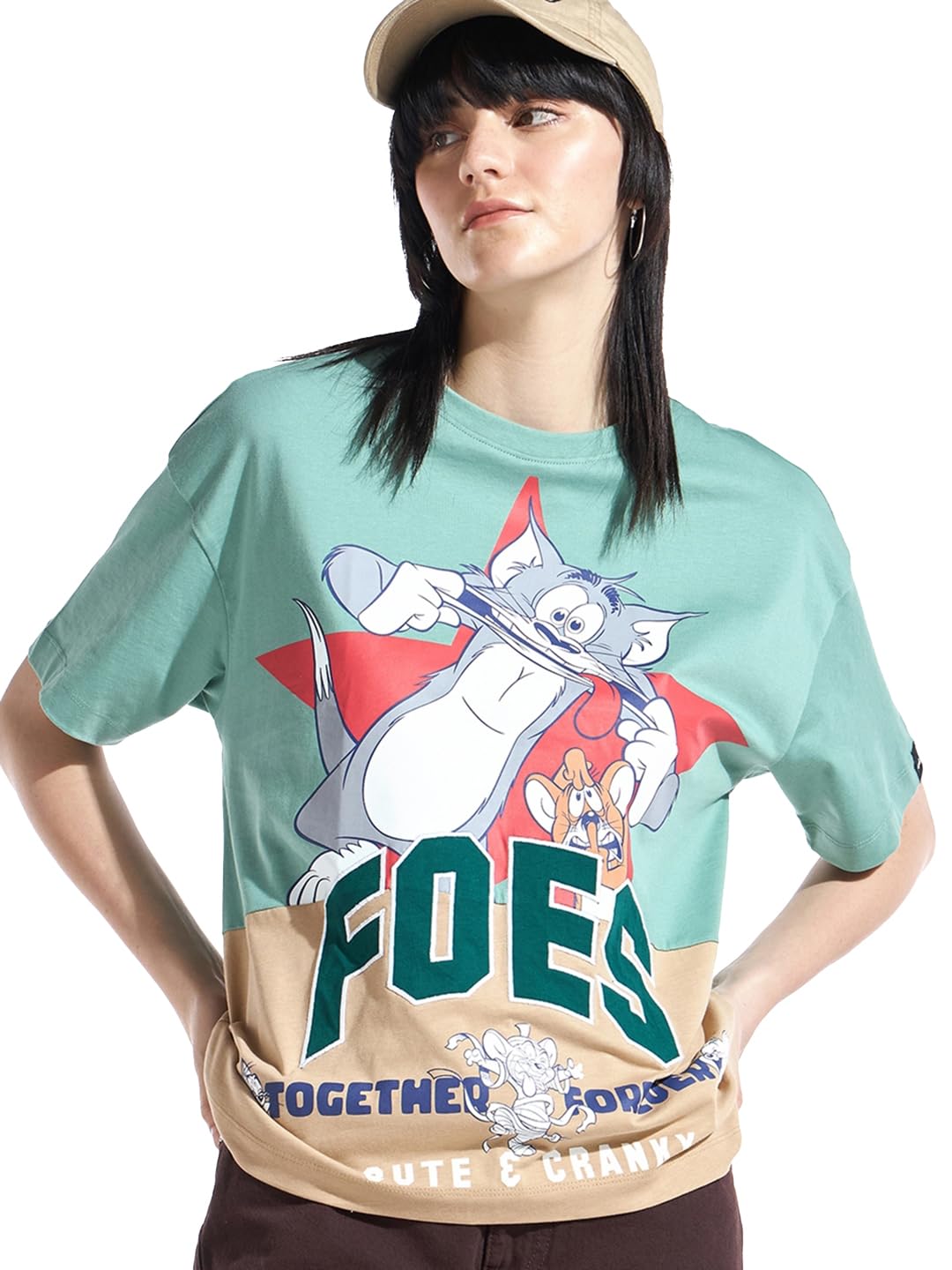 Bewakoof Official Tom & Jerry Merchandise WomenS Graphic Print Oversized Fit Half Sleeve Round Neck Cotton T-Shirt_636799_Green_