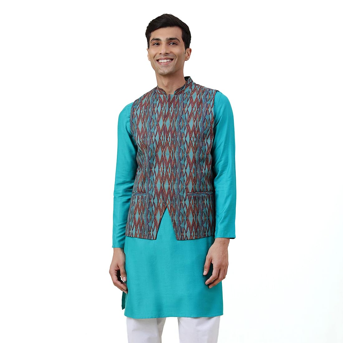 Fabindia MenS Silk Blend Solid Regular Ethnic Clothing Sets (20026274_Teal_Xs)