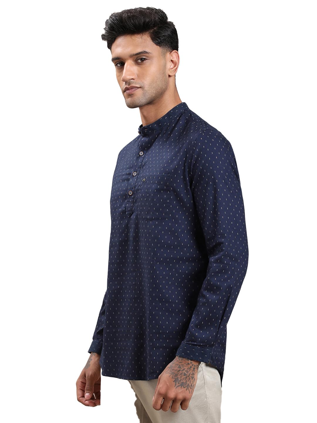 Turtle Men 100% Cotton Blue Printed Slim Fit Casual Kurta Shirt