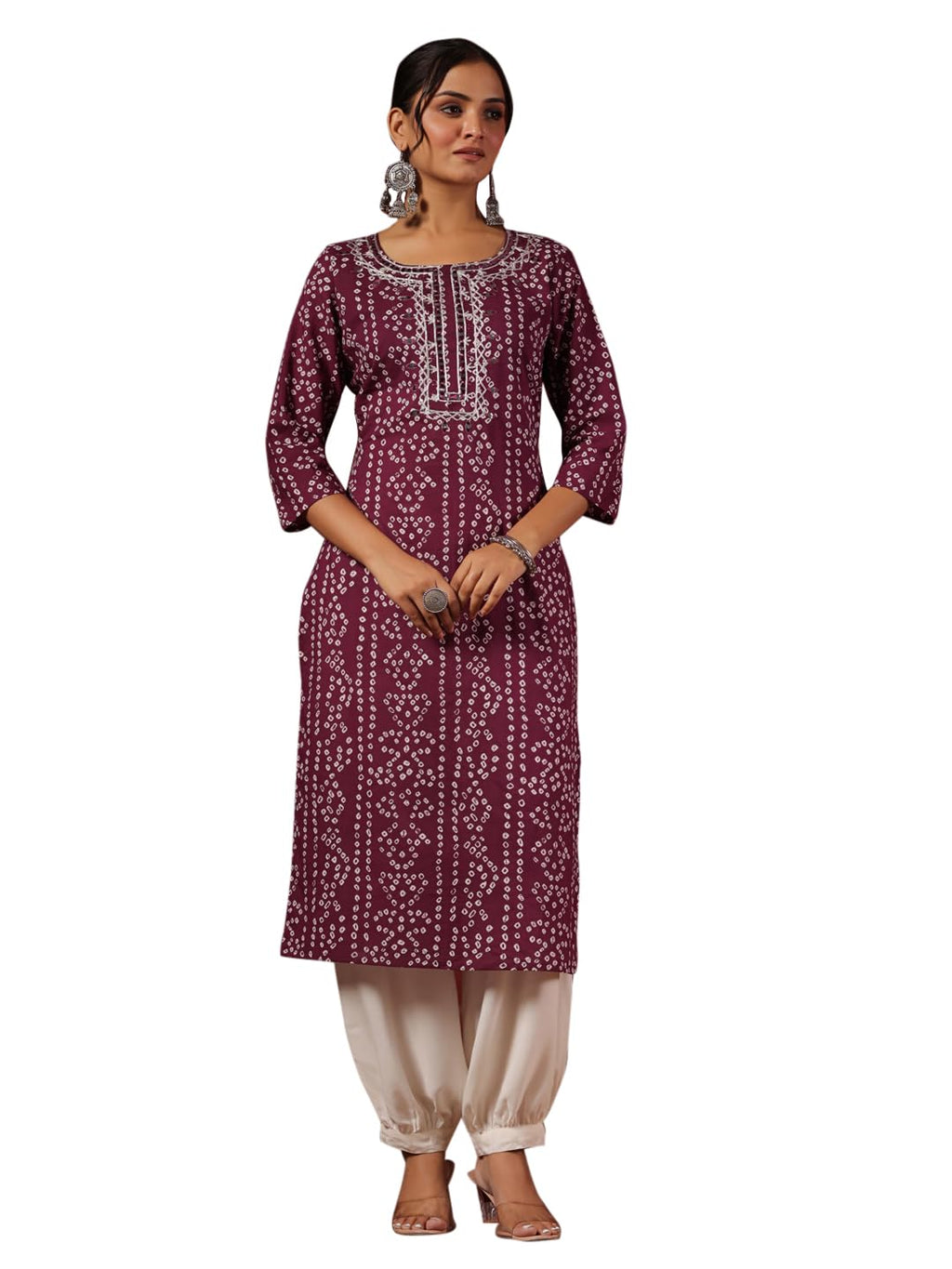 Ishin Women'S Bandhni Morror Work Purple Round Neck Straight Kurta