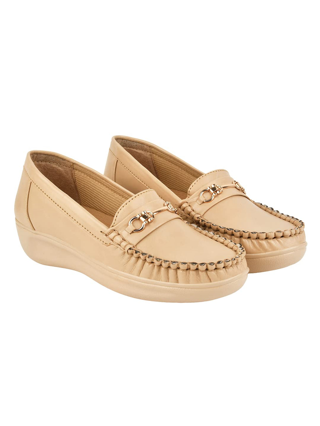 Shoetopia Upper Metalic Buckle Detailed Beige Loafers for Women & Girls /UK5