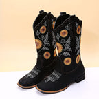 gloryinterest Cowboy Boots for Women Mid Calf Cowgirl Western Boots Sunflower Embroidery Stitched Square Toe Low Heel Black Brow
