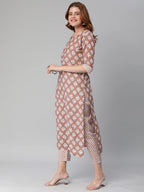 Gosriki Women'S Cotton Blend Printed Straight Kurta With Pant (Funnu Brown-Nw5-Gs)