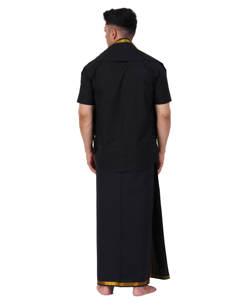 Prakasam Cotton Mens Single Jari Border (1.28X2.00 Mtrs) Black Dhoti + Readymade Half Sleeve Shirt + Balck Jari Border Matching