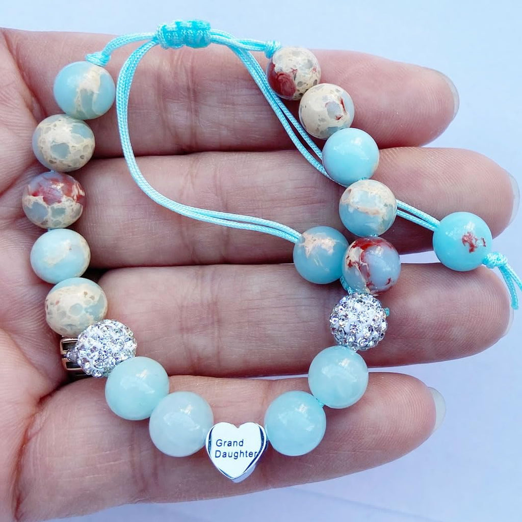 DOLON Blue Natural Stone Stainless Steel Heart Granddaugther Charm Bracelet Adjustable Jewelry Back to School Birthday Christmas