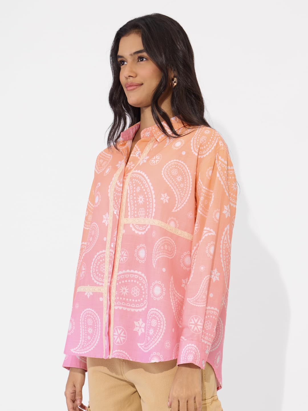 The Souled Store Mellow Paisley Women and Girls Long Sleeve Collared Neck Button Down Boyfriend Shirts Womens Boyfriend Shirts C