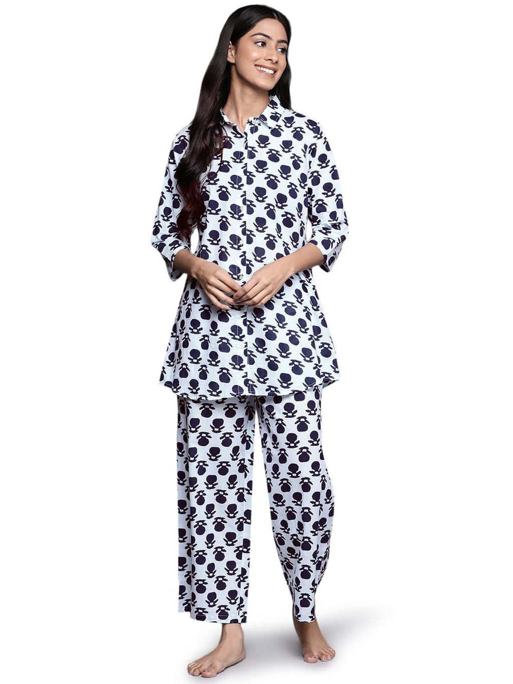 Libas Womens Printed Cotton Blend Night Suit Set For Women White