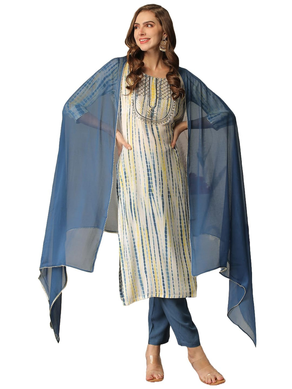 ANNI DESIGNER Ladies Rayon Blend Dupatta Kurta Trousers, azure, M