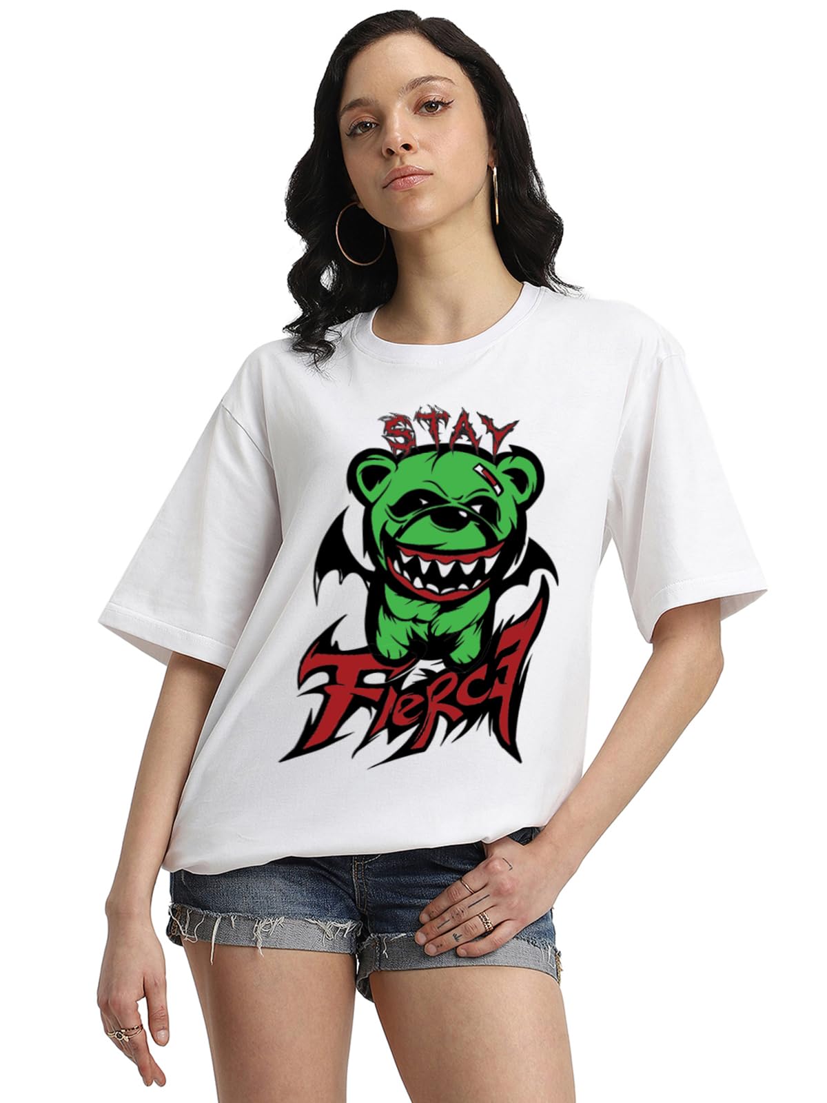 Veirdo Women's Cotton Oversized Baggy Fit Stay Firce Graphic Printed T-Shirt/Girls