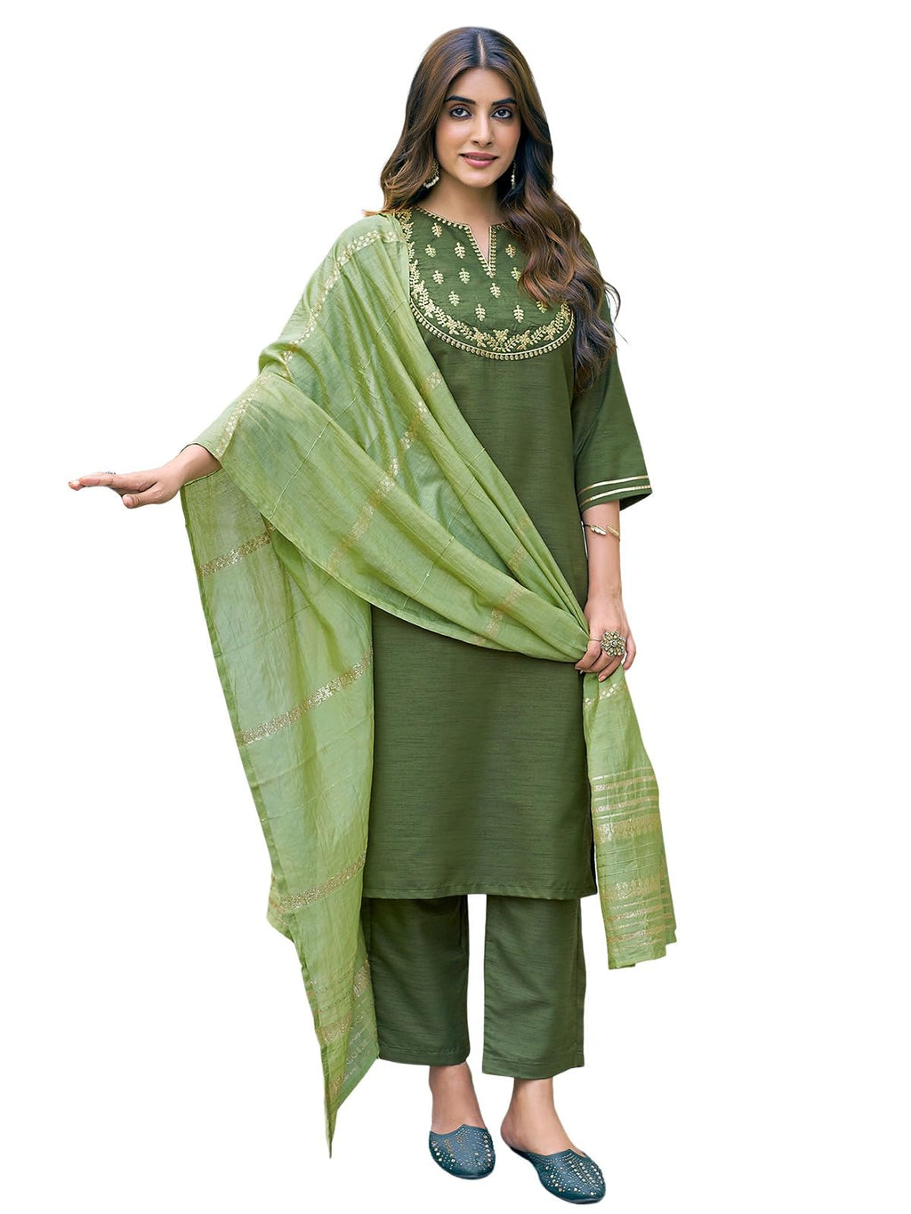 Sanisa Women'S Art Silk Embroidery Work Straight Kurta With Pant And Dupatta Set (138Kbd1485Nr-Xxl_Olive Green)
