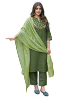 Sanisa Women'S Art Silk Embroidery Work Straight Kurta With Pant And Dupatta Set (138Kbd1485Nr-Xxl_Olive Green)
