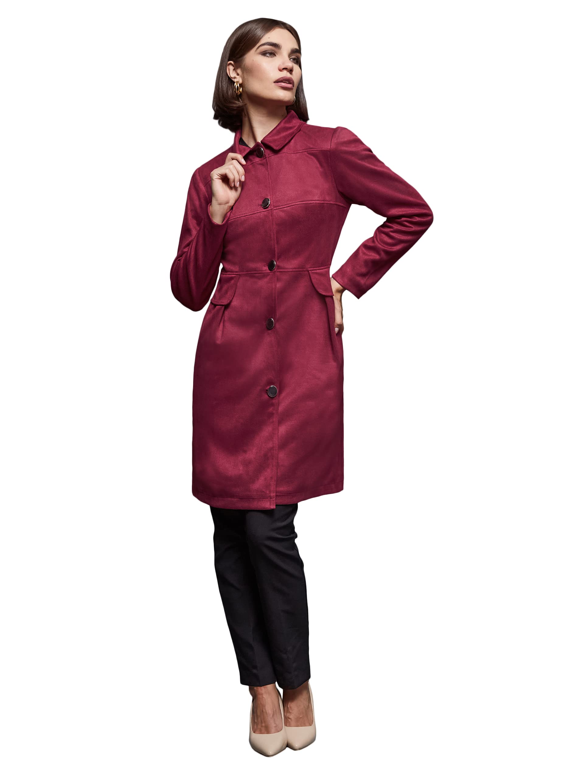 Miss Chase Womens Shirt Collar Full-Sleeve Knee-Long Jacket (MCAW24JKT99-52-287-05, Dark Red, L)