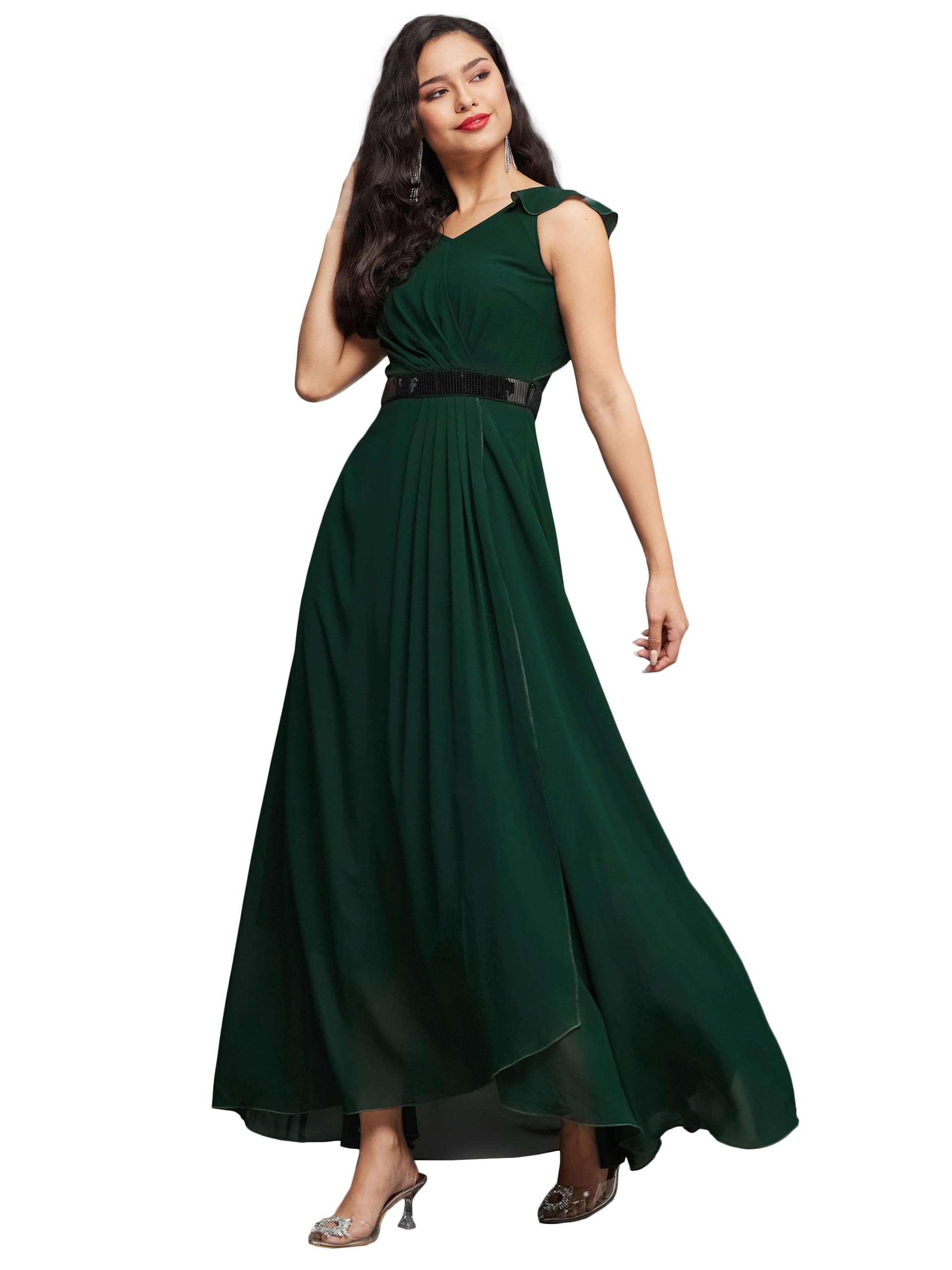 Miss Chase Womens V Neck Ruffled Sleeve Embellished Maxi Dress (MCAW24D95-73-42-04, Dark Green, M)