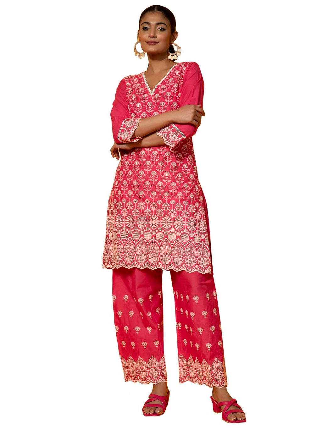 Libas WomenS Cotton Embroidered Co-Ords (27373_Pink