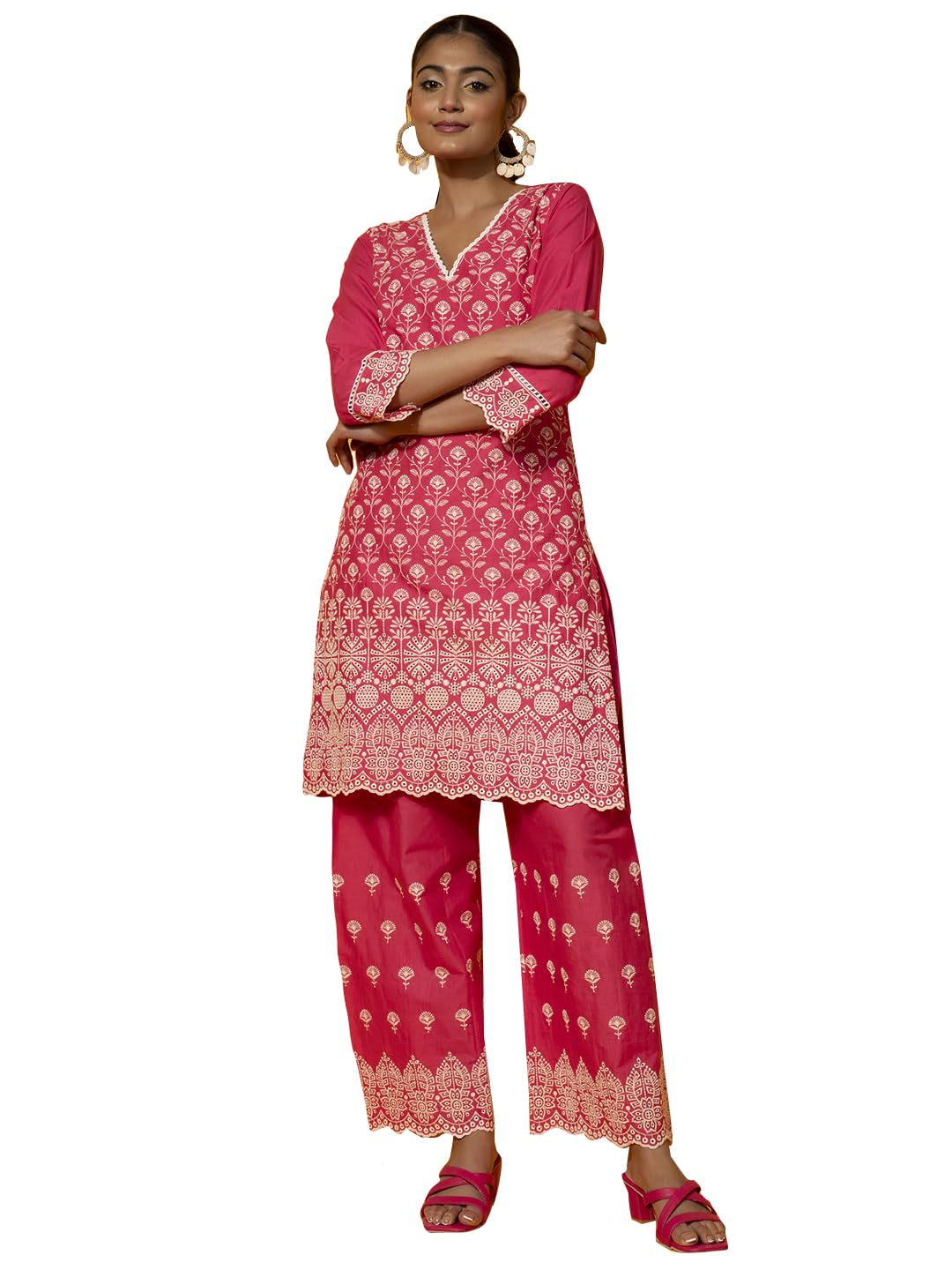 Libas WomenS Cotton Embroidered Co-Ords (27373_Pink