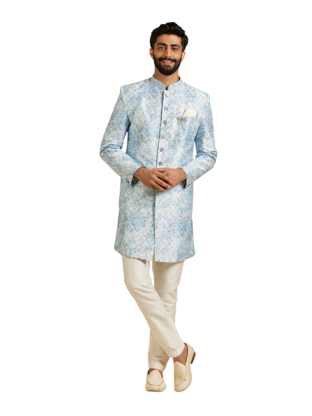 Manyavar Mens Art Silk Printed Kurta Pant Set (Blue,S)