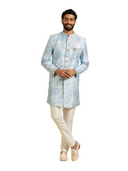 Manyavar Mens Art Silk Printed Kurta Pant Set (Blue,S)