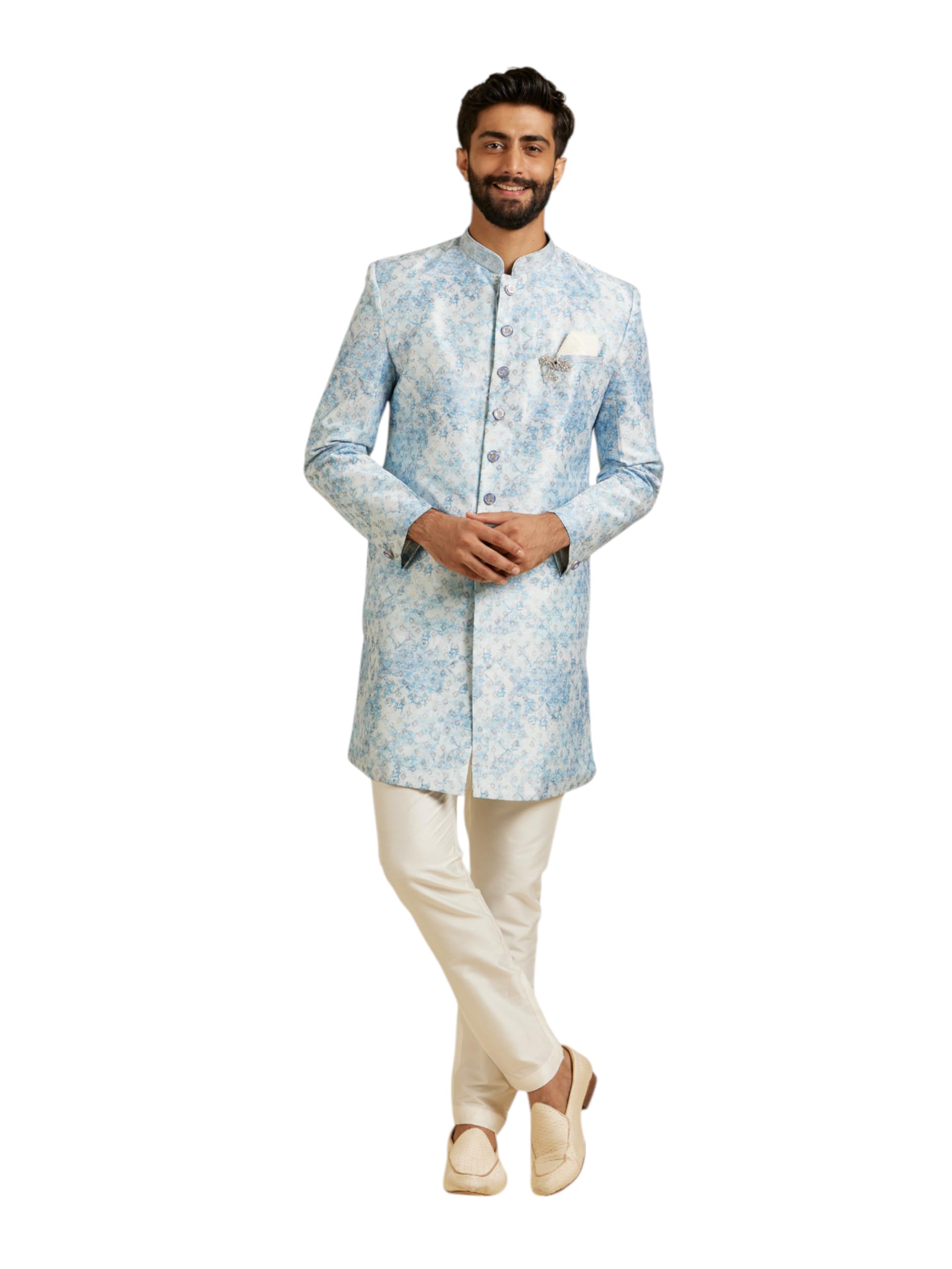Manyavar Mens Art Silk Printed Kurta Pant Set (Blue,S)