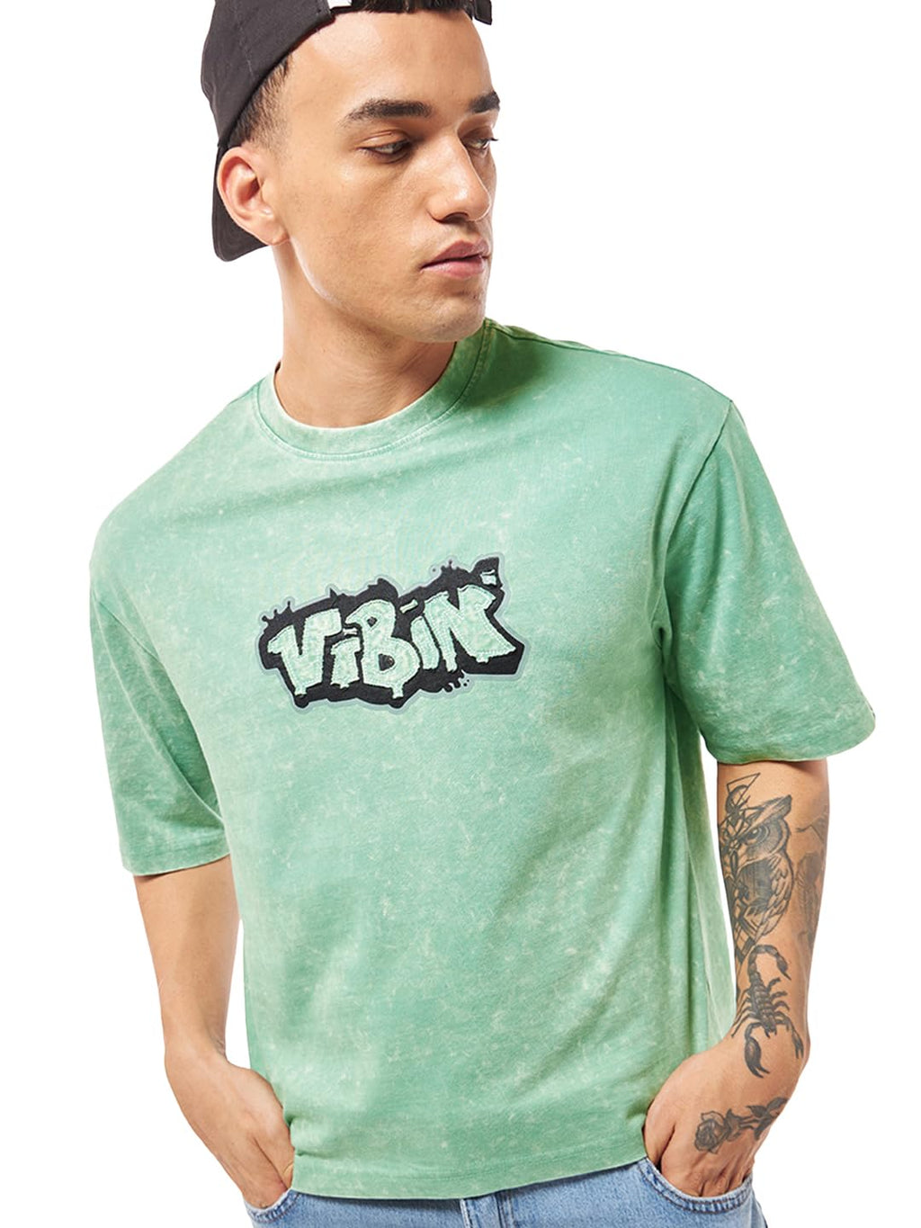 Bewakoof MenS Graphic Print Oversized Fit Half Sleeve Round Neck Pure Cotton Acid Wash T-Shirt_635550_Green_2Xl