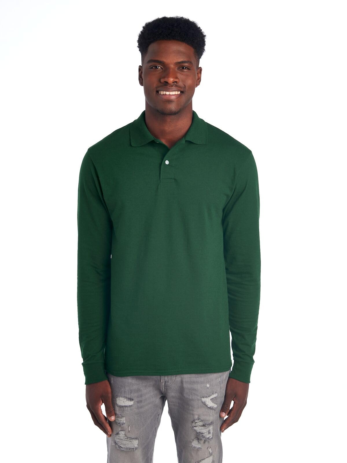 Jerzees Mens SpotShield Stain Resistant Polo Shirts (Short & Long, Long Sleeve-Forest green, XX-Large