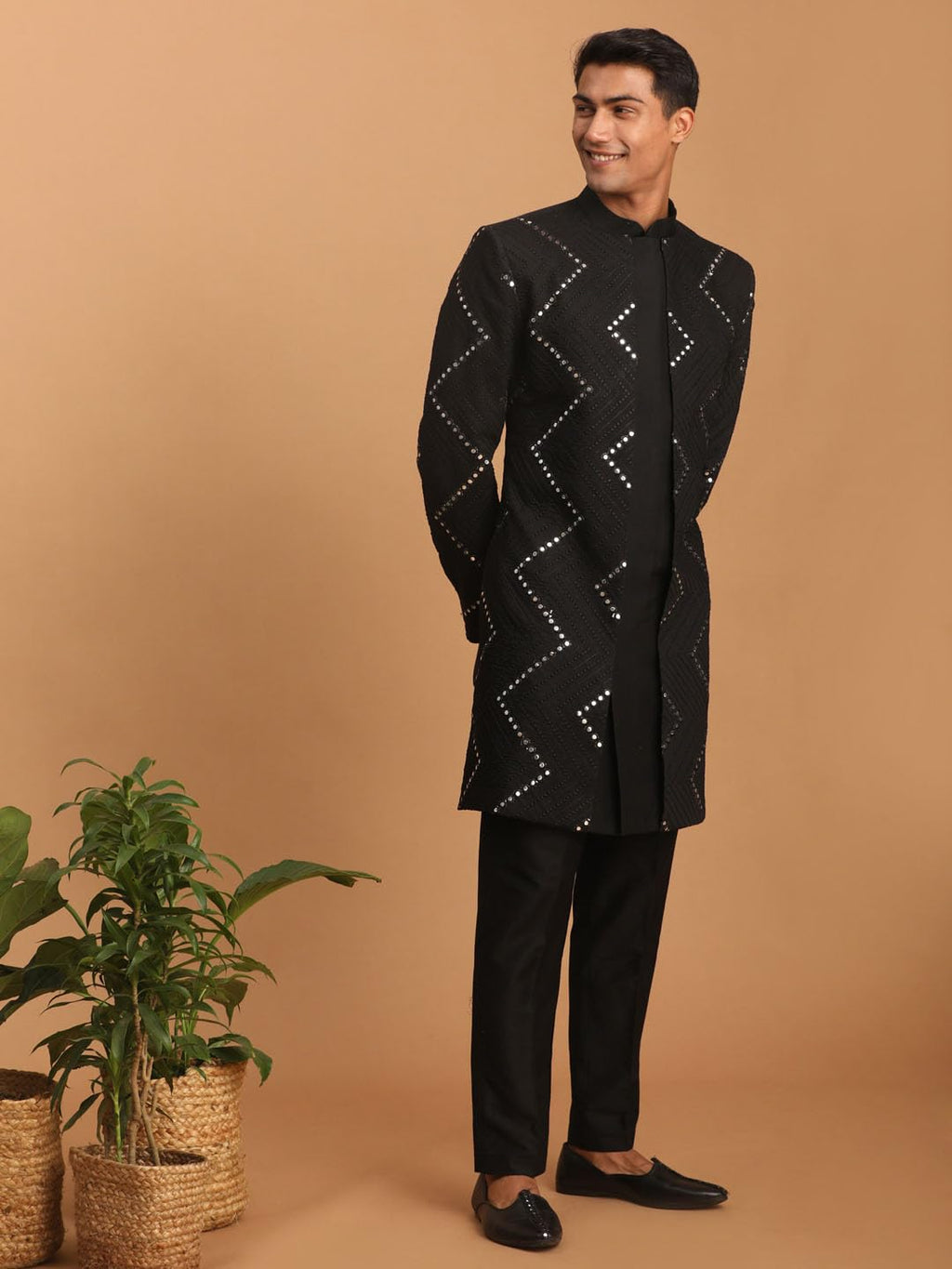 VASTRAMAY Mens Black Viscose Sherwani Set | Mirror work Embellished Viscose Indo Western And Pant Style Pyjama For Men.