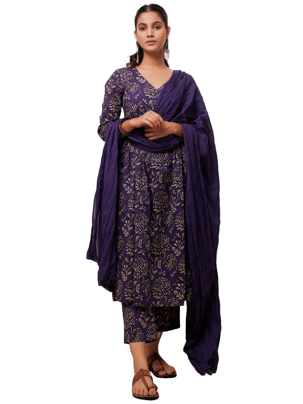 ANNI DESIGNER Womens Cotton Blend Anarkali Printed Kurta with Pant & Dupatta (DABU VIOLET_L_Violet_Large)