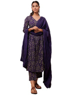 ANNI DESIGNER Womens Cotton Blend Anarkali Printed Kurta with Pant & Dupatta (DABU Violet_S_Violet_Small)