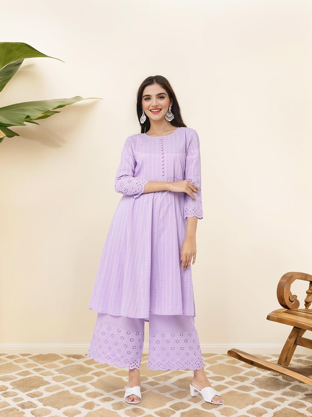 Ishin Cotton Schiffli Lavender Kurta With Solid Pants