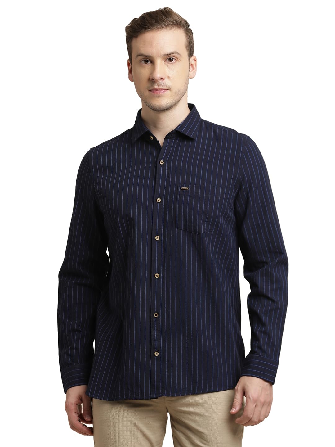 Turtle Men Khadi Slim Fit Blue Striped Full Sleeve Casual Shirt