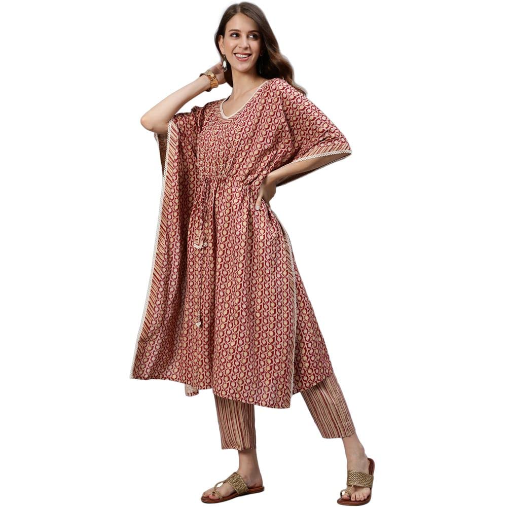 Anubhutee Women Red Printed Sequinned Kaftan Cotton A-Line Kurta Suit Set With Pants (Anu2001952S)