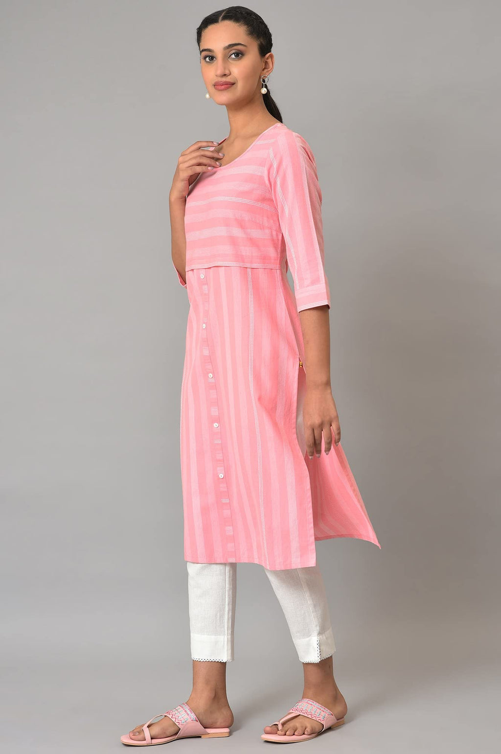 Aurelia Women'S Cotton Pink Stripes Round Neck Straight Kurta
