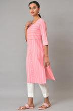 Aurelia Women'S Cotton Pink Stripes Round Neck Straight Kurta