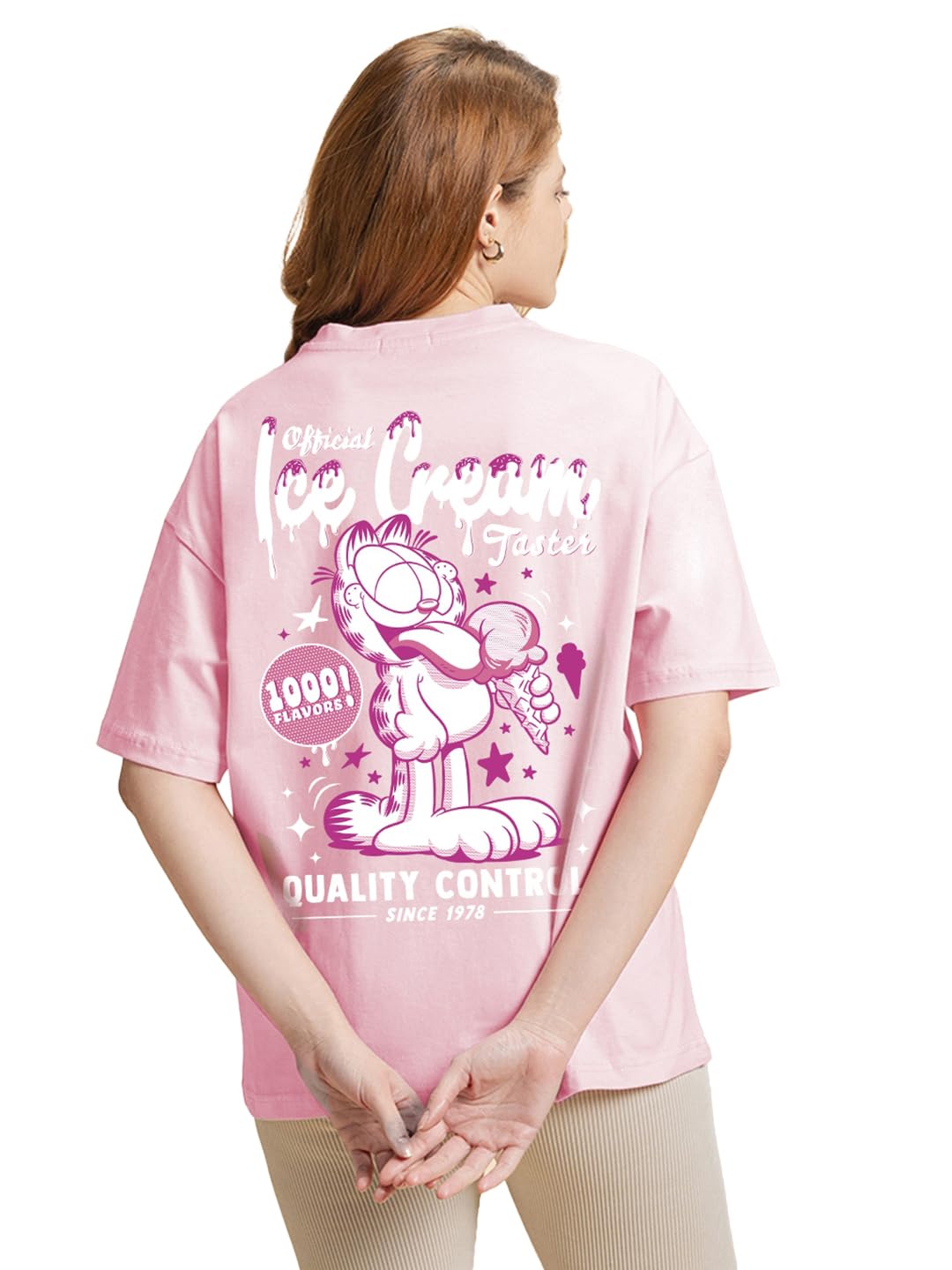 Bewakoof Women Cotton Official Garfield Merchandise Graphic Printed Oversized Fit T-Shirt_585729_Pink_Xs