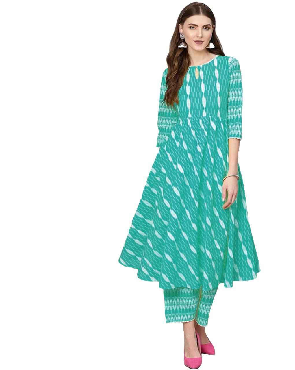 Gosriki Women'S Cotton Empire Printed Kurta With Palazzo(Yashika-Light-Blue_Xl-Light Blue_X-Large)