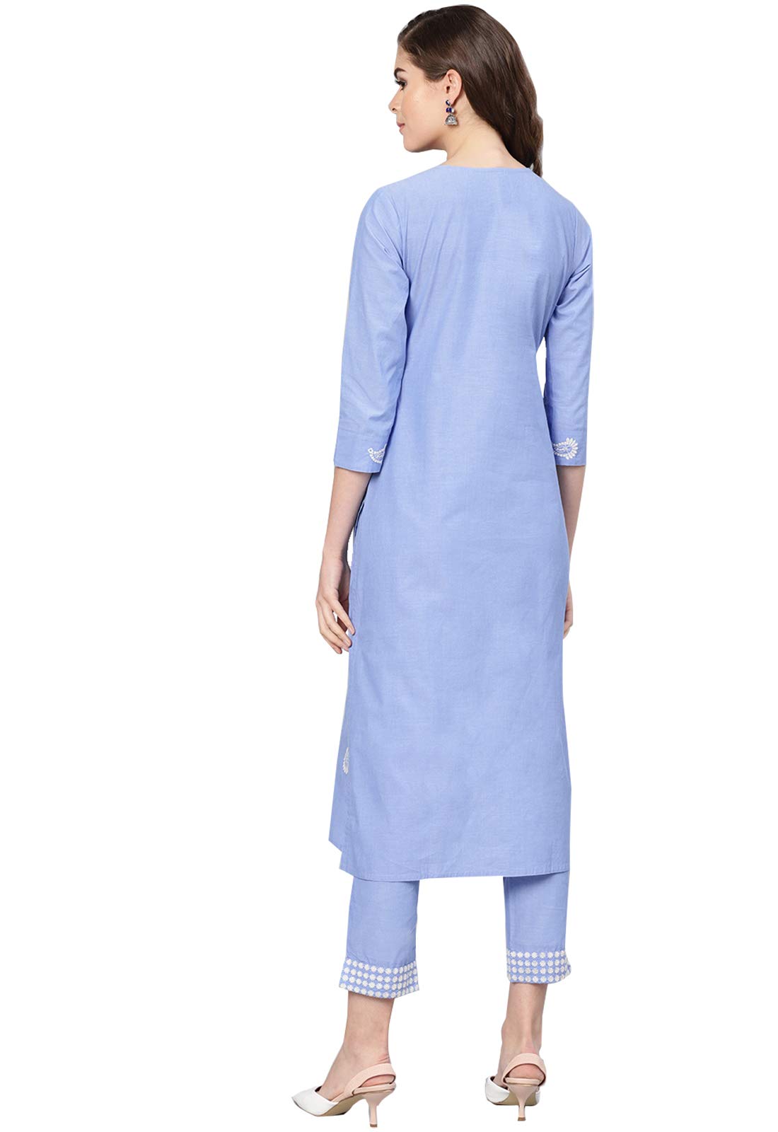 Ishin Women'S Pure Cotton Blue Embroidered & Thread Work A-Line Kurta Suit Set With Palazzo