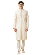 Manyavar Mens Cotton Solid Full Sleeves Knee Length Kurta Set (Beige, XL)