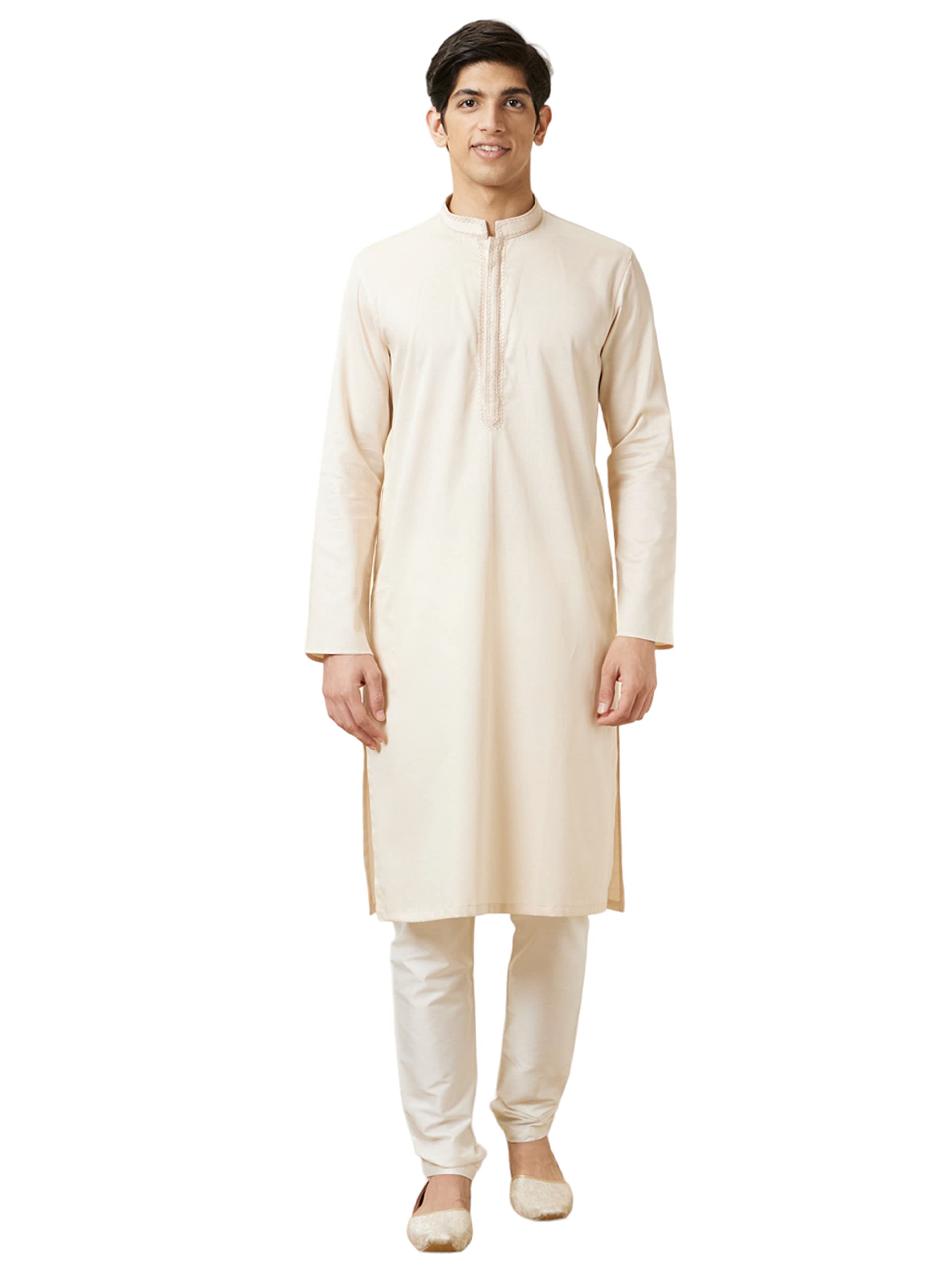 Manyavar Mens Cotton Solid Full Sleeves Knee Length Kurta Set (Beige, XL)