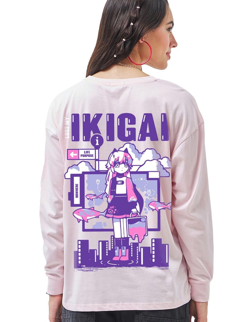 Bewakoof Womens Graphic Print Oversized Fit Full Sleeve Round Neck Cotton Jersey T-Shirt_629076_Pink_S