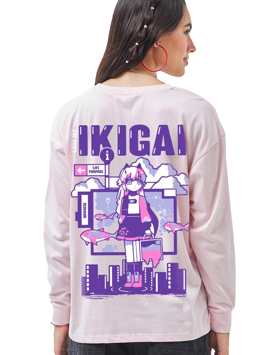 Bewakoof Womens Graphic Print Oversized Fit Full Sleeve Round Neck Cotton Jersey T-Shirt_629076_Pink_S