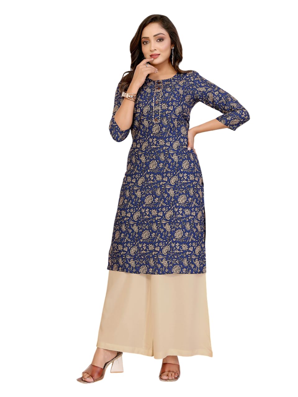 Rangita Blue Rayon Straight Printed Knee Length Kurti | Kurta For Women_L