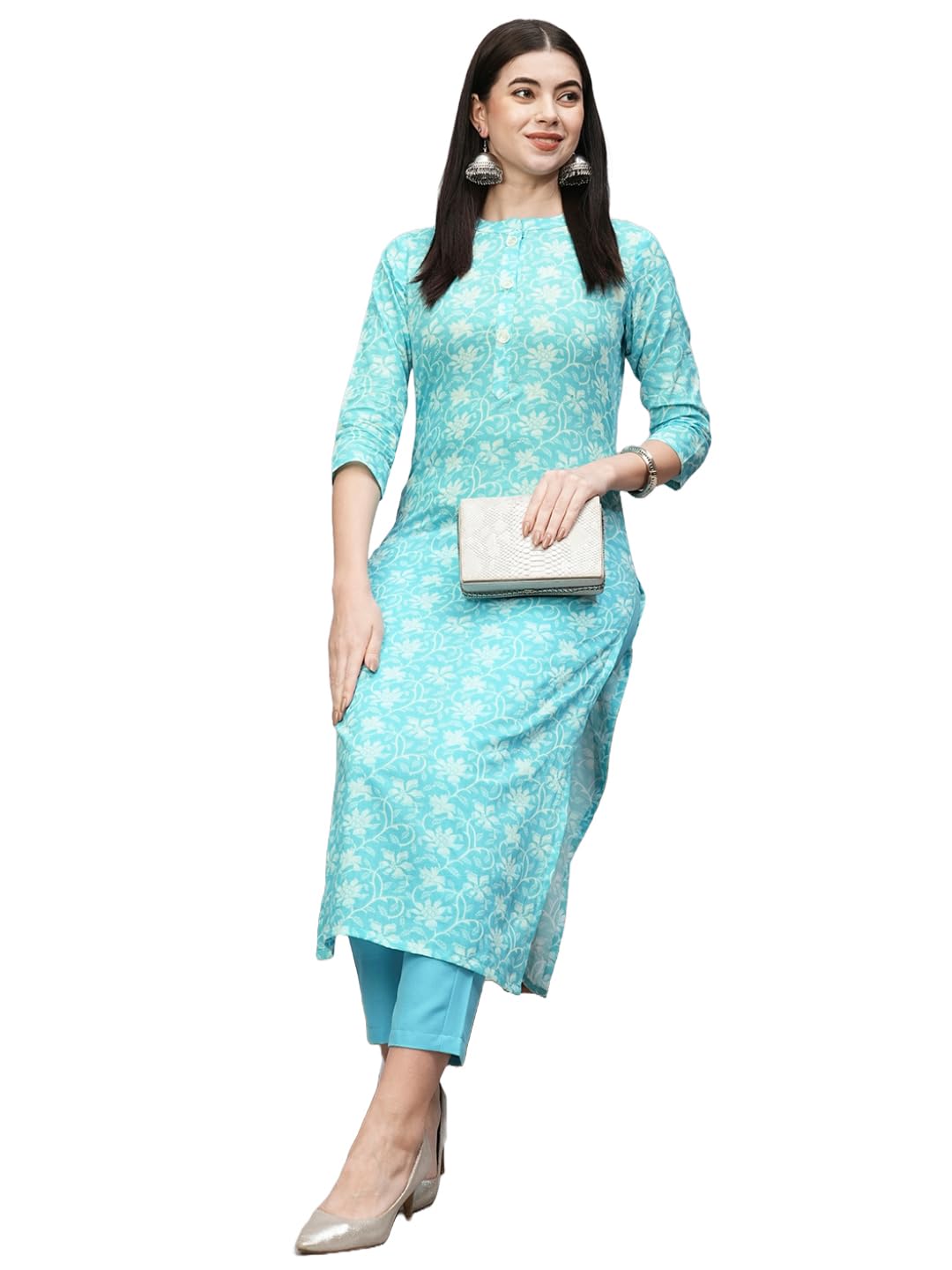 ANNI DESIGNER Womens Cotton Blend Straight Printed Kurta with Pant (Evika Blue-NW_L_Blue_Large)