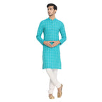 Manyavar Checkerd Full Sleeves Casual Wear Kurta For Men - (Aqua Blue, X-Large)