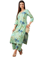 ANNI DESIGNER Womens Cotton Blend Straight Printed Straight Fit Kurta With Palazzo (Chinki Pista_L_Pista_Large)