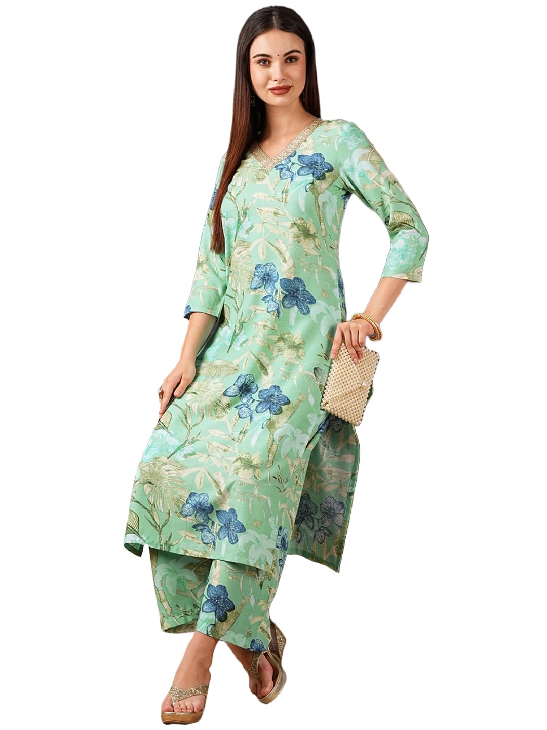 ANNI DESIGNER Womens Cotton Blend Straight Printed Straight Fit Kurta With Palazzo (Chinki Pista_L_Pista_Large)