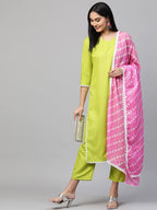 Anni Designer Women'S Cotton Straight Kurta With Pant & Dupatta (Varuni Light Green)