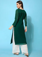 Gufrina WomenS Georgette Straight Kurta Palazzo With Notch Neck 3/4Th Sleeves Solid Pattern Chikankari Work Calf Length And Reg