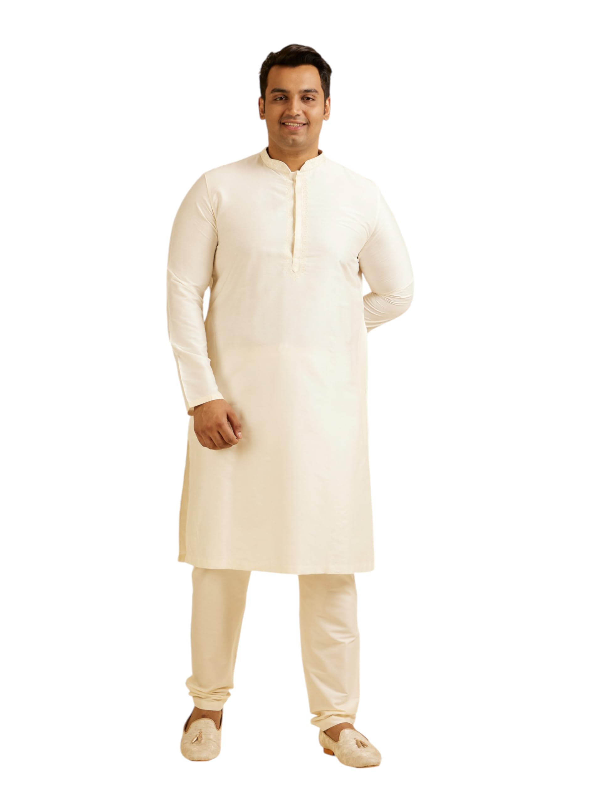 Manyavar Mens Viscose Blend Printed|Embroidered Kurta Pyjama Set (Cream,04XL)