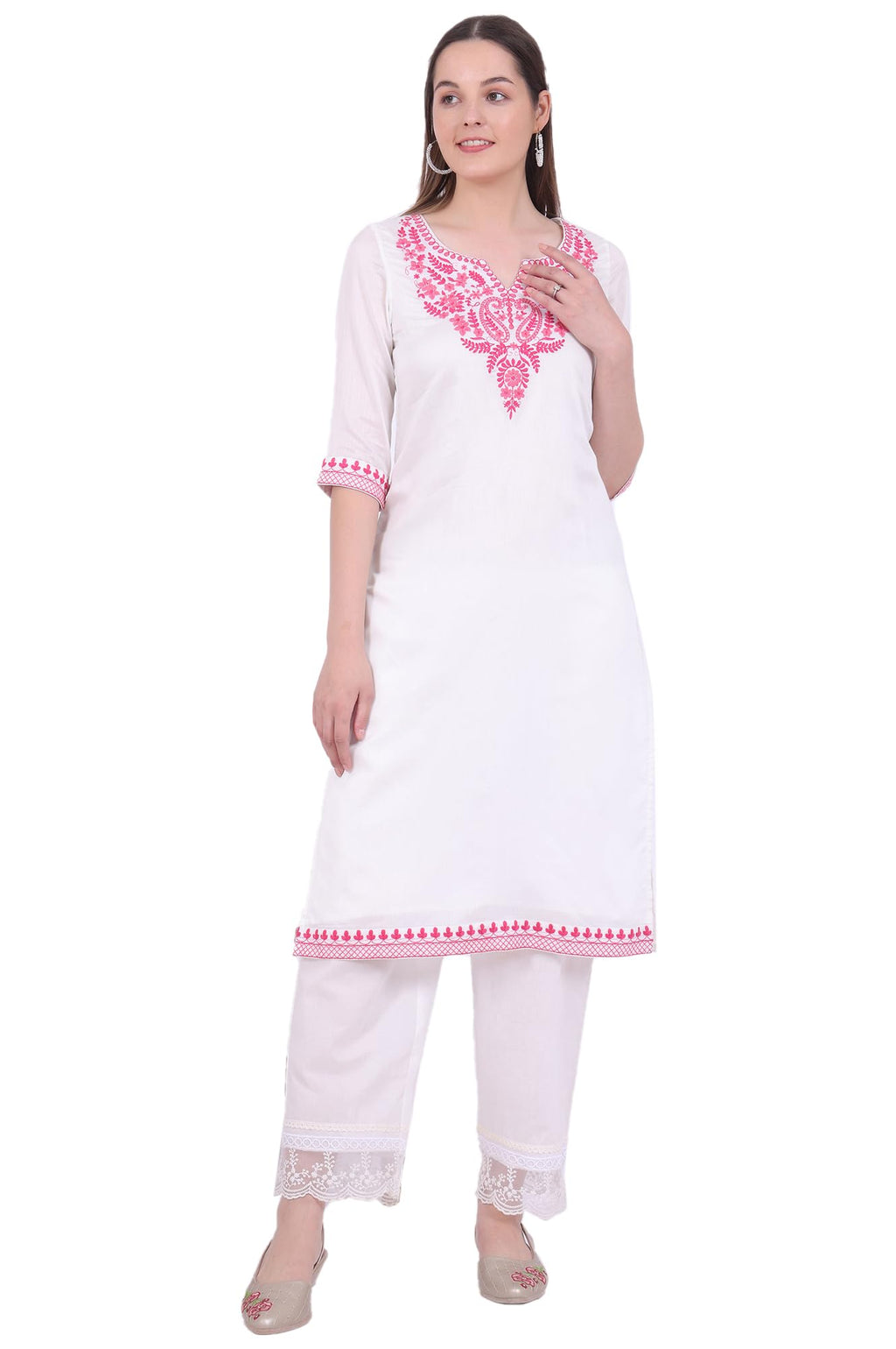 Aurelia Women'S White Embroidered Pure Cotton Straight Kurta (Size: L)-A15733-608380A