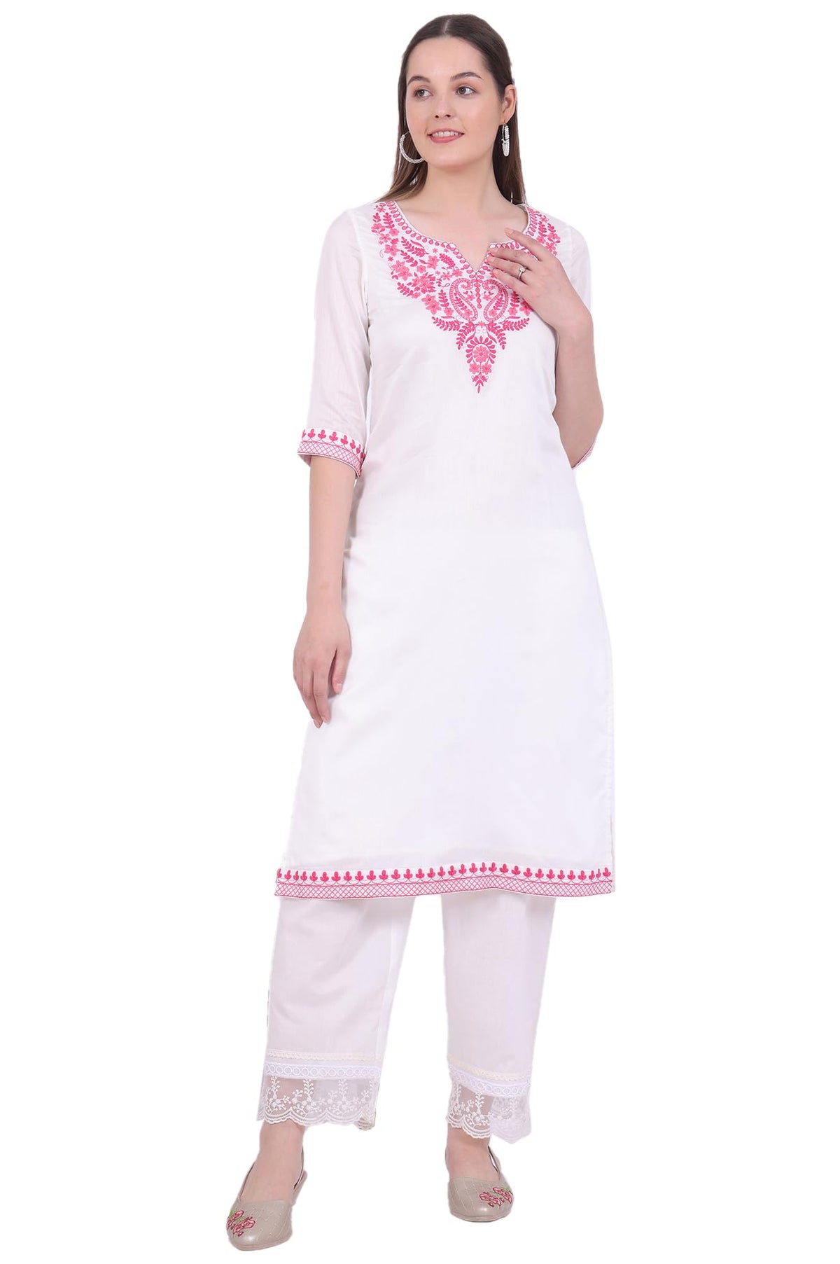 Aurelia Womens White Embroidered Pure Cotton Straight Kurta (Size: M)-A15733-608380A